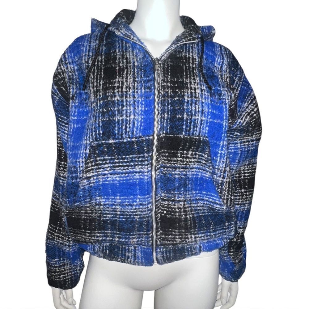 Earth Ragz Women's Blue & Black Plaid Cropped Jacket Hooded Small EUC